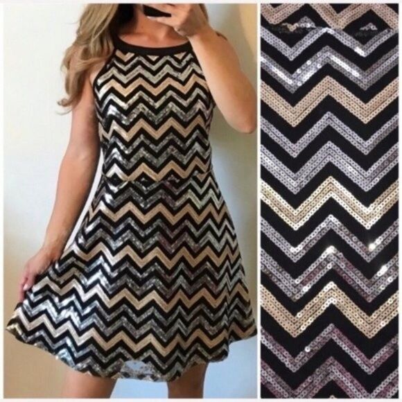 ALTAR’D STATE chevron Sequin fit and flare Dress S - Picture 3 of 8